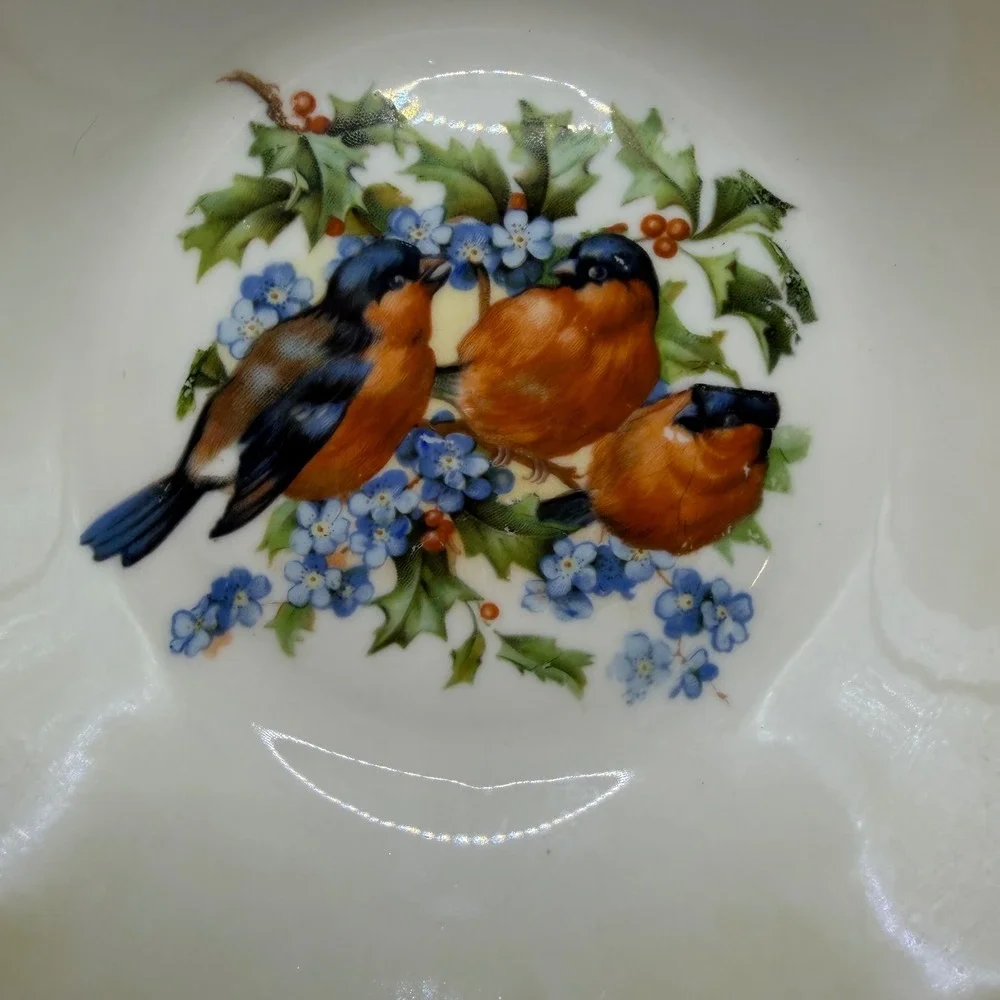 Vintage German Porcelain Bowl Bullfinch Birds Forget-Me-Nots Scalloped Rim‎ 8